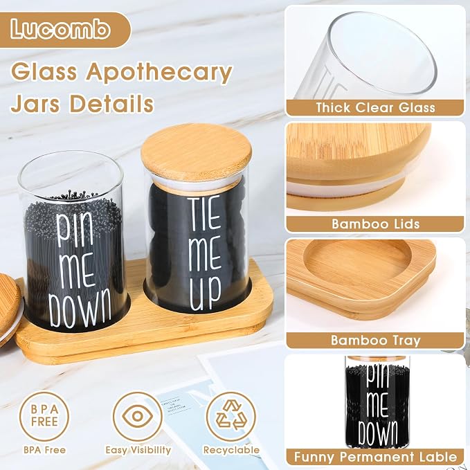 Funny Apothecary Jars 2 Pack Hair Tie Holder Organizers Bathroom Canisters with Tray Bobby Pin Holder Bathroom Jars Accessories Set with Lids for Bathroom décor Farmhouse Bathroom Storage Organization
