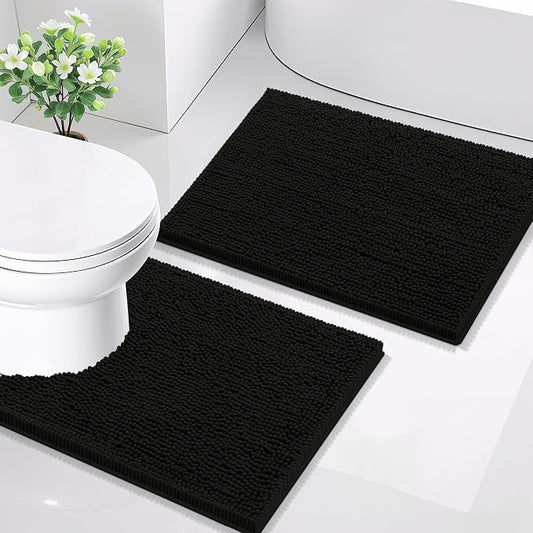 Smiry Chenille Bathroom Rugs Sets 2 Piece (24x16+ U Shape 24x20, Black) | Soft Absorbent Machine Washable Non Slip Shaggy Bath Rug Set for Tub, Shower, and Floor, Home Decor