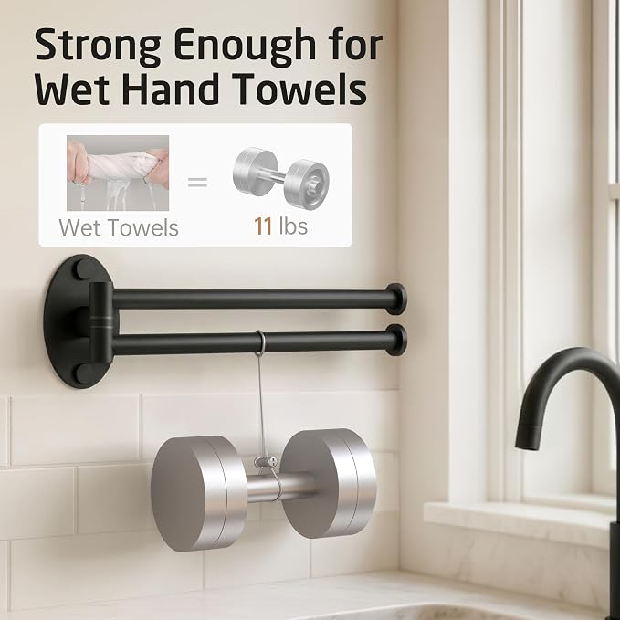 KES Black Swivel Towel Bar for Bathroom 9-Inch Swing Out Double Towel Bar 2-Arm Kitchen Wall Mounted SUS 304 Stainless Steel Matte Black, A2106S23-BK