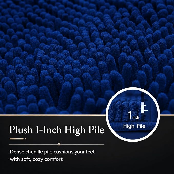 Bathroom Rugs Chenille Bath mat 3 Piece Set, Super Absorbent, Strong PVC Non Slip Backing, Bath mats for Bathroom, Plush Shaggy, Thick, Machine Washable, Bathtub, Toilet, Navy Blue