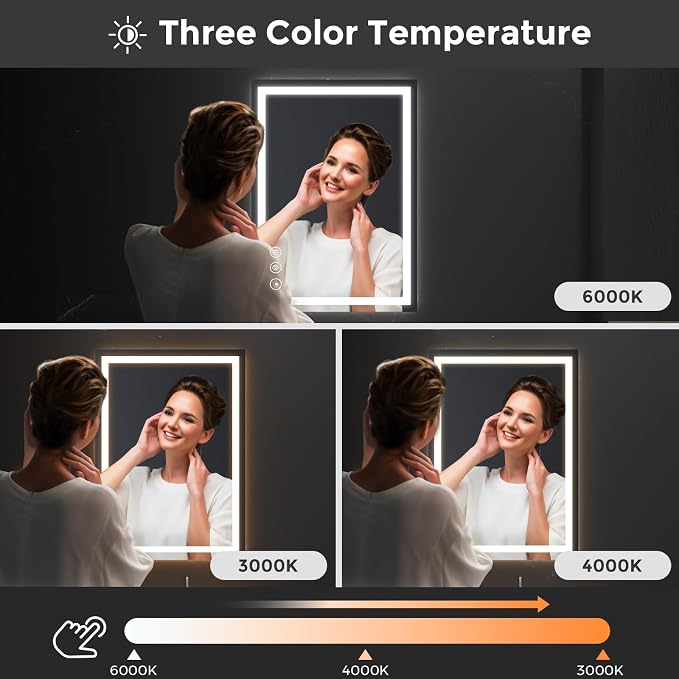 Koonmi 28x20 LED Bathroom Mirror with Light, Anti-Fog, 3 Colors | Backlit + Front Lit, Dimmable Brightness, Shatterproof HD Distortion-Free Tempered Glass, Hardware Included