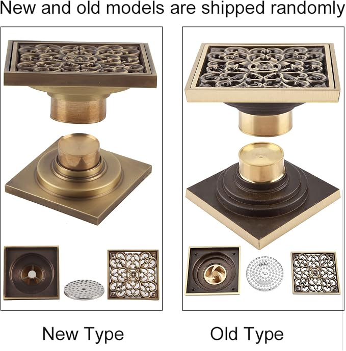 AUNMAS 4 Inch Brass Bathroom Floor Drain with Removable Cover, Art Carved Flower Pattern Shower Sink Drain Strainer for Hotel Home (1#)