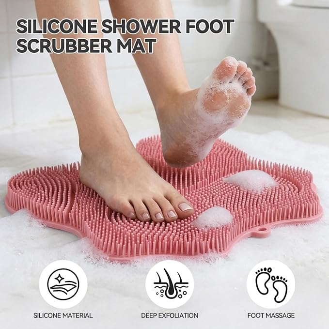 ozner Silicone Shower Foot Scrubber Mat,Back Washer Bath Wash Pad Exfoliating & Massage, Wall Mounted Slip Strong Suction Cups for Use in Cleaner Men and Women (Pink)