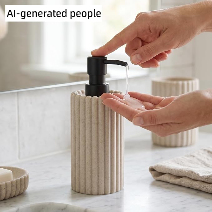 Bathroom Accessories Set,Sandstone Look Beige, Thick Stripe, 5 PCS | Modern, Minimalist, Included 13.5 OZ Soap Dispenser, Toothbrush Holder, Tumbler, Bar Soap Holder, Faux Potted Plant