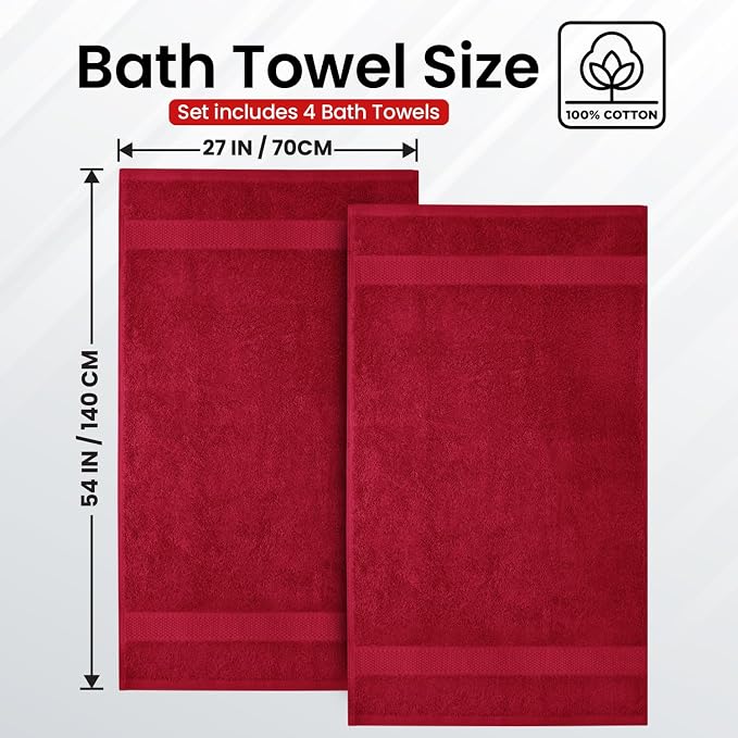 Infinitee Xclusives 100% Ring-Spun Cotton Bath Towels for Bathroom - Pack 4 | Luxury Super Soft, Absorbent & Quick-Drying |27x54 inches| Large Bathroom Towels Set |600 GSM| Gym, Shower, Spa & Hotel Use