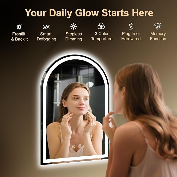 Arched LED Lighted Bathroom Mirror with Lights 24"x36"Smart Anti-Fog | Dimmable 3 Color Modes, Backlit and Front Lit, Memory Function, HD Tempered Glass,Touch Sensor