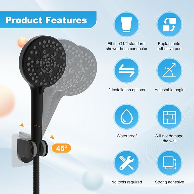 Hibbent 2 Pack Shower Head Holder - Strong Adhesive Wall Mount, Height Adjustable, No Drilling - Matte Black