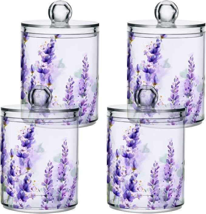 4 Pack Qtip Holder Dispenser Purple Lavender Cotton Ball Cotton Swab Round Pads Floss Clear Bathroom Storage Containers Plastic Apothecary Jars with Lids