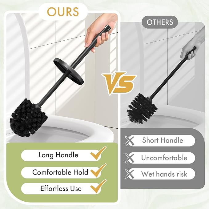 Toilet Bowl Brush and Holder Set 2 Pack with 4 Extra Brush Heads (Black) | Extra Long Handle with Splash Guard Cover, Tool-Free Installation, Bathroom Space-Saving, Cleaner Sets for Apartments, RV
