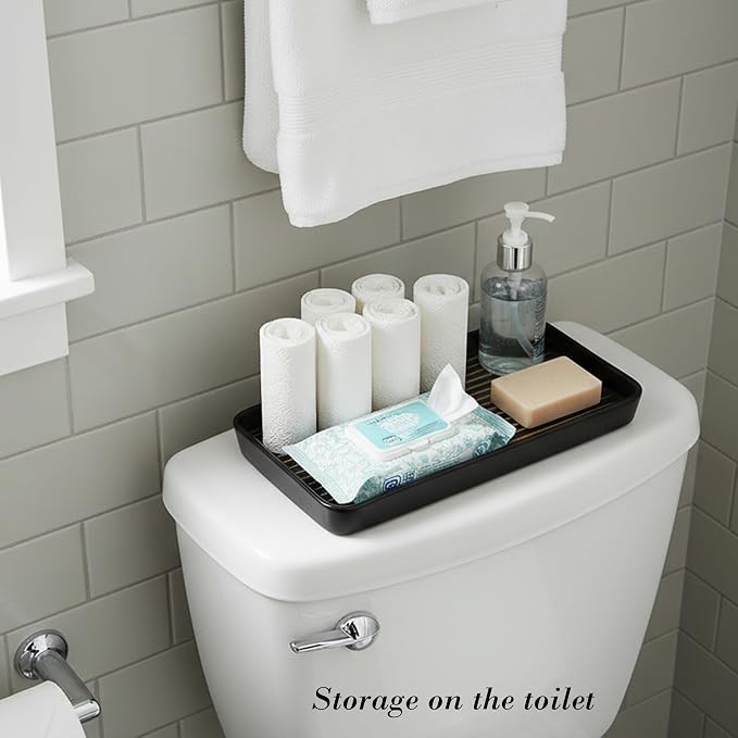 10"×6"×1" Black Bathroom Vanity Tray for Countertop- Ceramic Decorative Organizer Tray for Dresser Tops, Toilet, Perfume, Sponge Holder Soap Dish Dispenser for Kitchen Counter- Golden Stripes