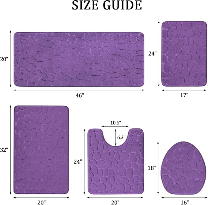YIHOUSE Bathroom Rugs Mat Set, Memory Foam Bath Mat 5 Piece Purple | Non Slip, Water Absorbent, Washable, Bath Mat For Bathroom, Sink and Toilet