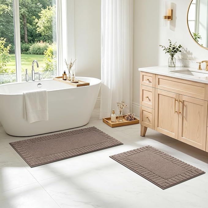 Pauwer Bathroom Rugs Sets 2 Piece, Non Slip Plush Bath Mats, Coffee | Machine Washable, Microfiber Shower Rugs, Absorbent Quick Dry, Floor Mat for Bath Floor Tub and Shower