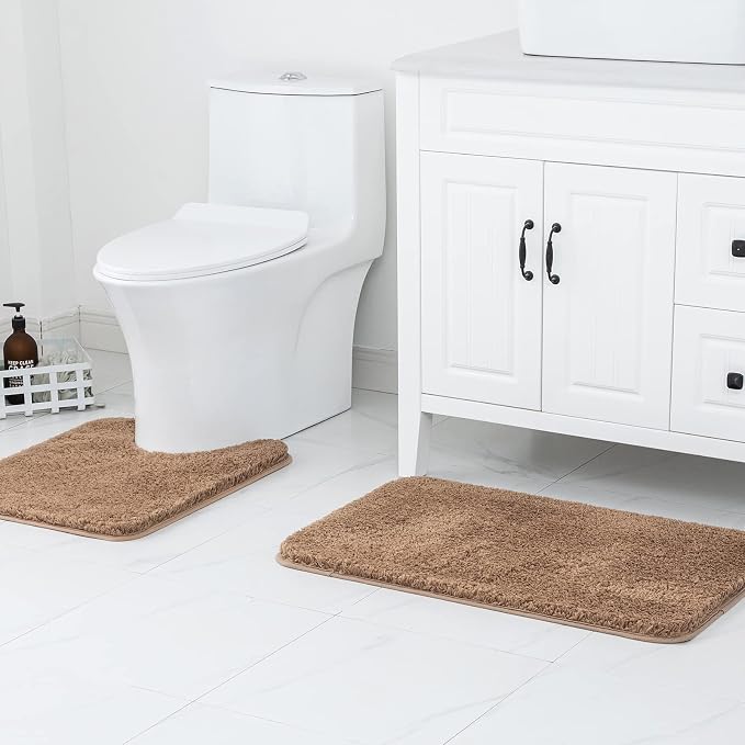 MIULEE Light Brown Bathroom Rugs Set 2 Piece Soft Bath Mats 20x24+20x30 in | Absorbent Microfiber Bath Mat and U-Shaped Toilet Rug, Non Slip, Quick Dry, for Bathroom Floor Tub Showers, Machine Washable