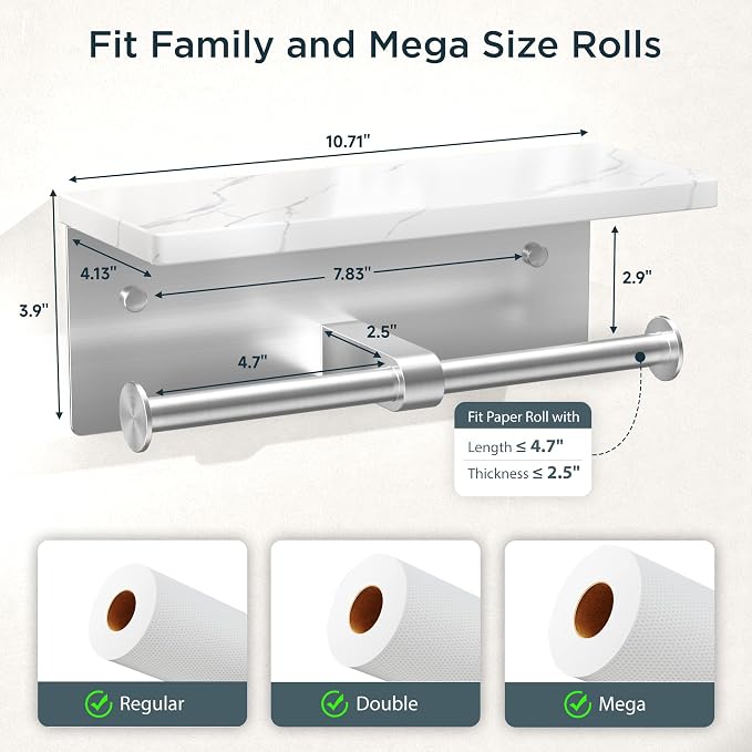 FORIOUS Toilet Paper Holder with Shelf, Marble Wall Mount Tissue Roll Holder for Bathroom, Washroom, 304 Stainless Steel Double Commercial Toilet Tissue Dispensers with Phone Shelf, Brushed Nickel