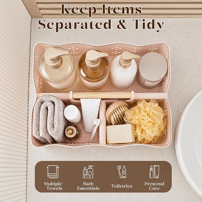 GVY Portable Plastic Shower Caddy, Large Capacity Shower Basket with Handle, Divided Bathroom Toiletry Organizer, Quick-Drain Shower Caddy for College Dorm Beach Kitchen Essentials, Cream