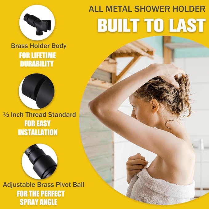 All Metal Handheld Shower Head Holder, Adjustable Wand Holder with Universal Arm Mount and Brass Pivot Ball