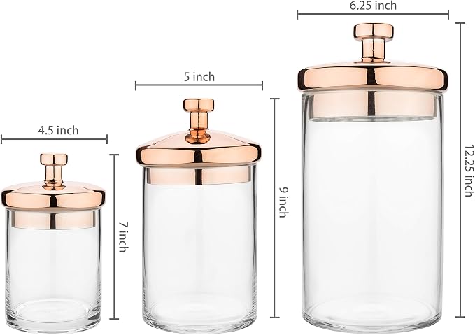MyGift Glass Apothecary Cookie Jar Set with Copper Lid | Decorative Kitchen and Bath Storage Canisters, Wedding Centerpiece Jars, Candy Buffet with Lids