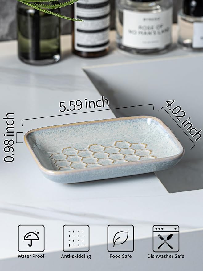 Gomakren Soap Dish for Shower, Ceramic Bar Soap Holder with Honeycomb Design, Father's Day Soap Saver Tray for Bathroom Kitchen Sink, Sponge & Organizer Tray, Upscale Look, 5.5 Inch, Gray