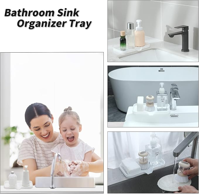 MicoYang Silicone Soap Dish with Drain Spout — Self-Draining Sink Organizer Tray for Bathroom & Kitchen, Sponges, Dispensers & Soap Holder, Non-Slip & Dishwasher Safe, White (Medium, 9.6"×5.3")