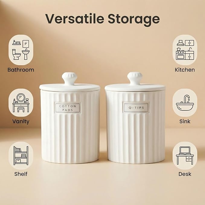 Ronasip White Ceramic Bathroom Organizer and Storage Jars with Lid, 2 Pack Qtip Holder and Cotton Pad Dispenser, Apothecary Canisters for Vanity, Kitchen Countertop, Home Decor