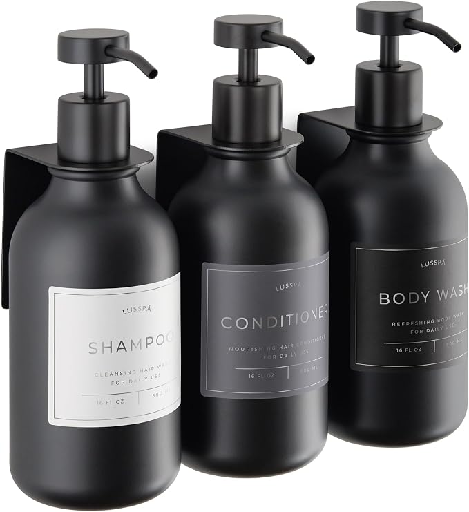 Shower Shampoo Dispenser Wall Mounted – 3 Refillable 16.9 oz Black Bottles with Stainless Steel Pumps & No-Drill Adhesive Holders – Soap Dispenser Set for Bathroom (3 X Black)