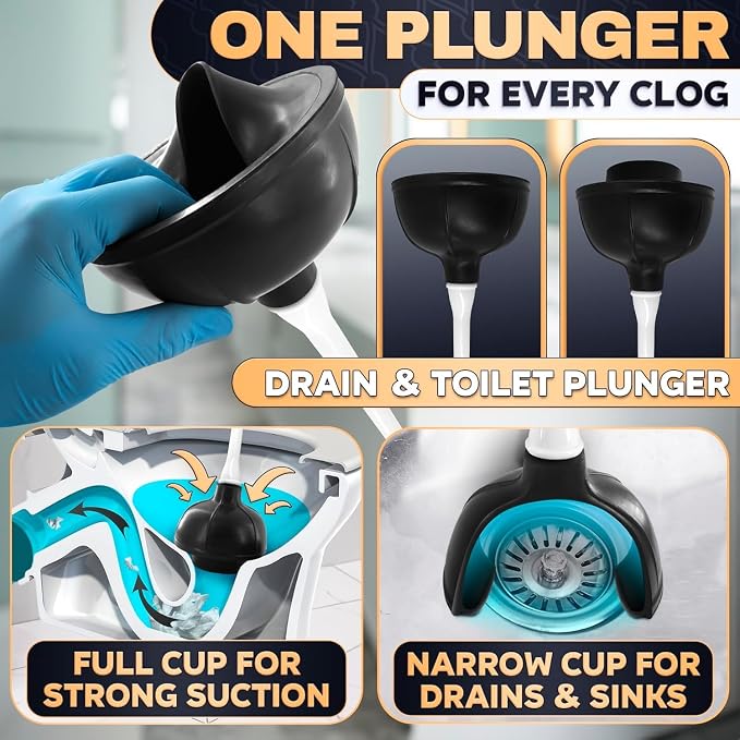 2 in 1 Toilet Plunger and Brush Set White - Toilet Brush and Plunger Set White with Stiff Bristles, Strong Vacuum Suction and Holder - Space-Saving Stand, Fits Most Standard Toilets, 6.4×5.5×17.1 inch