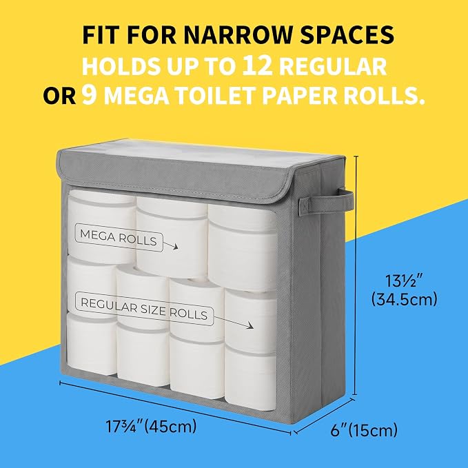 Cupic Cupid Toilet Paper Storage Baskets, Bathroom Toilet Paper Storage with Lid, Holds 12 Regular or 9 Mega Rolls, Slim Toilet Tissue Holder Basket with Clear PVC Lid and Handles, Grey