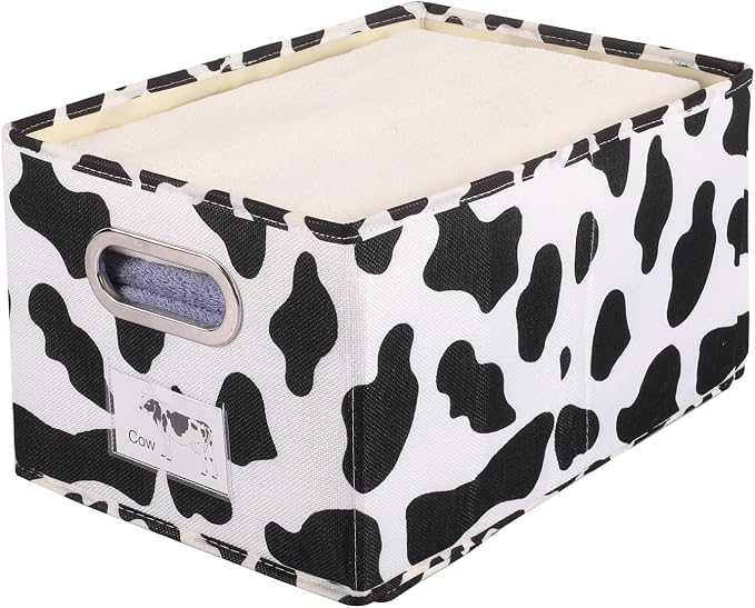 ANMINY Fabric Storage Bin Cow Print Cotton Linen Foldable Open Storage Basket Box with Handles PP Plastic Board Label Window Decorative Washable Desktop Closet Shelf Organizer Container - Medium