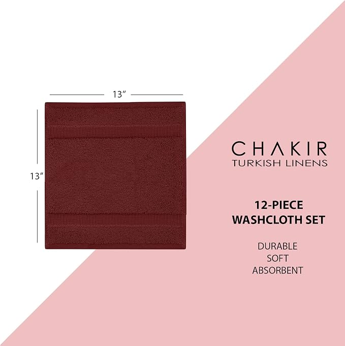 Chakir Turkish Linens 100% Cotton 12-Pack Washcloths 13x13, Cranberry | 100% cotton washcloths, 12-pack 13x13, OEKO-TEX certified, soft absorbent face towels