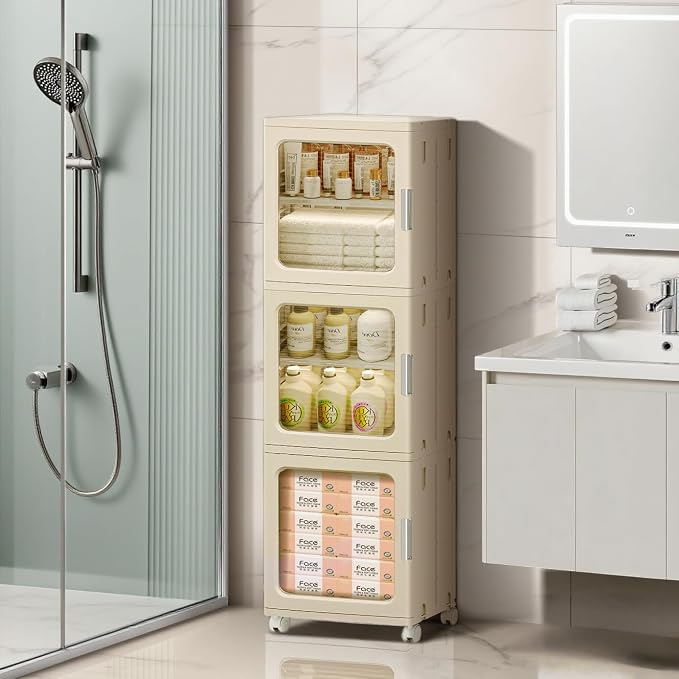 3-Tier Narrow Bathroom Storage Cabinet with Clear Doors and Adjustable Shelves, Plastic Slim Bathroom Organizers and Storage Small Spaces Pantry Kitchen Laundry Room Quick Assembly, Beige