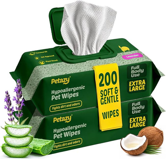 Pet Wipes for Dogs & Cats - Paws, Ears & Butt Cleaning, 200 Count | Lavender, Hypoallergenic for Sensitive Skin, XL, ExtraThick, Tear-Resistant, Deodorizing, Aloe & Coconut Oil, 2 Packs