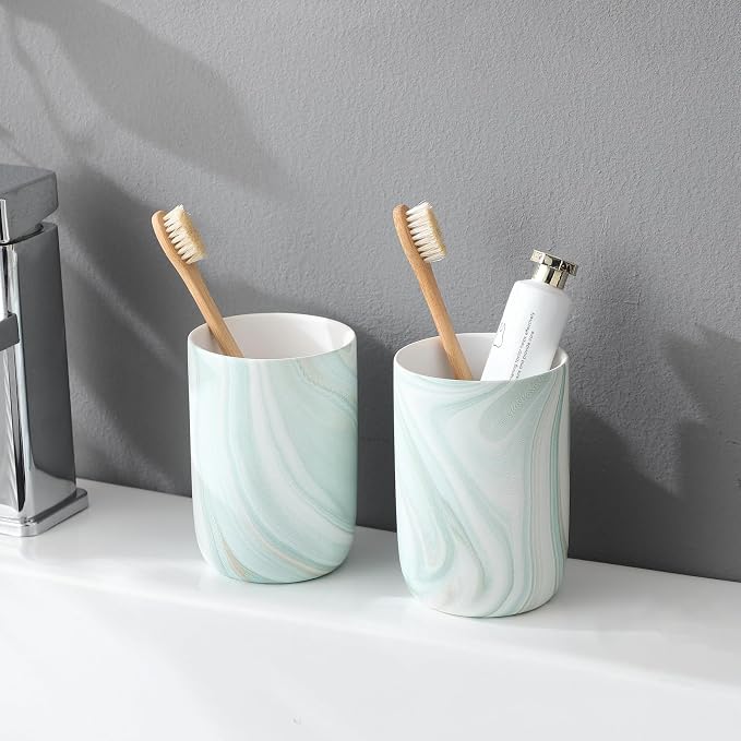 Green Marble Toothbrush Holder - Ceramic Toothbrush Holder for Bathroom, Toothbrush Toothpaste Holder, Marble Bathroom Tumbler Cups Reusable Toothbrush Mouthwash Cup, Bathroom Counter Organizer