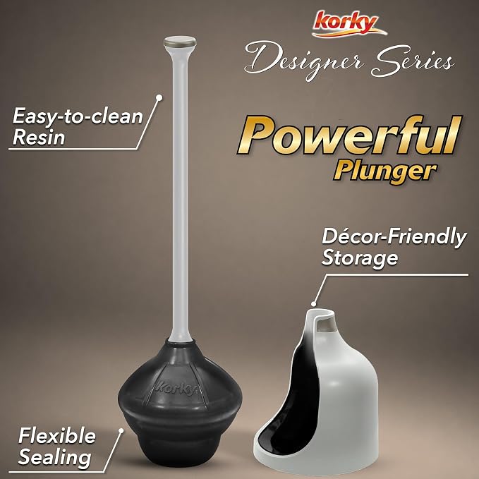 Korky Gray Toilet Plunger and Holder – Fast Clog Removal - Made in USA
