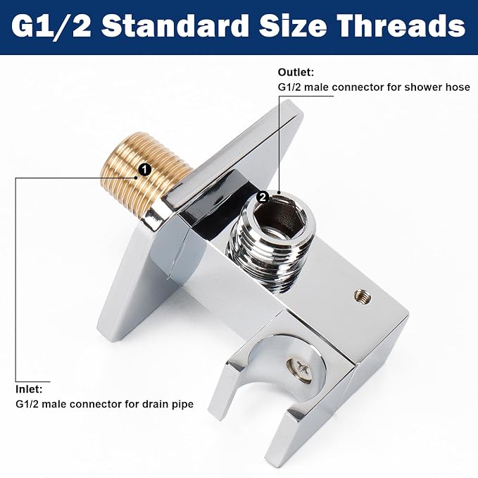 NearMoon Wall Supply Elbow with Handheld Shower Holder - Square Shower Bracket with Flange G1/2 Shower Hose Connector, Wall Mounted Drop Union Male Water Outlet (Chrome Finish)