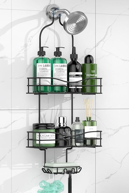 DAOYA Bathroom Shower Caddy Hanging - 3-Tier Organizer with Soap Holder & 6 Hooks for Towels, Sponge; Fits 21mm Shower Head Arm, Black