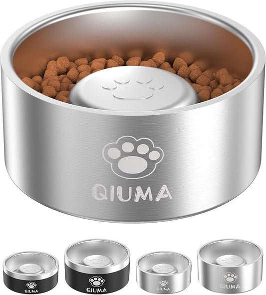 Qiuma Slow Feeder Dog Bowls Stainless Steel, Food-Grade 304 Dog Slow Feeder Bowl 3.5 Cups Capacity, Heavy Duty Double-Layer with Non-Slip Base, Pet Puzzle Bowl for Medium & Large Dogs (Silver)