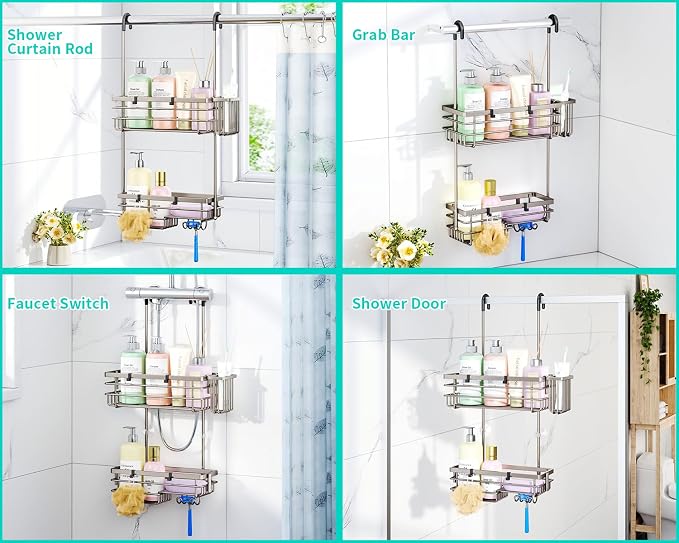 HapiRm Hanging Shower Caddy Organizer - No Drilling Shower Shelves with Hooks and Toothbrush Holder, Rustproof 304 Stainless Steel Bathroom Organizer - Brushed Nickel