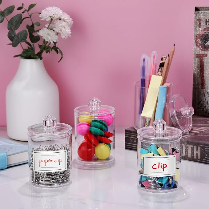 6 Pack Acrylic Qtip Holder Dispenser for Cotton Swabs, Balls, Floss Picks | Thick, Highly Clear, w/ Labels - Small Canister Apothecary Jar Set, Bathroom Decor Essentials, Shelf Vanity Storage Organizer