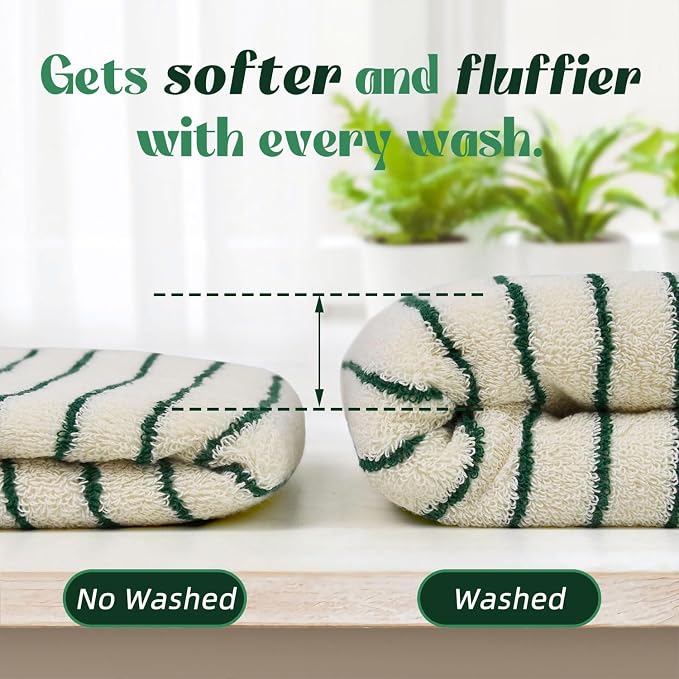 Jacquotha Green Striped Hand Towels for Kitchen, Vintage Bathroom Decor | Natural Cotton Tea Towel, 14” x 29”
