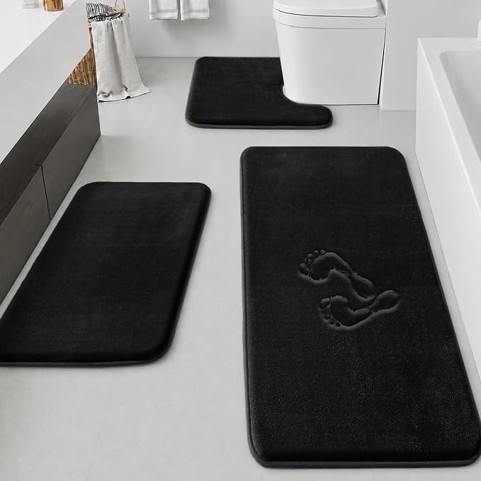 Bathroom Rugs Sets 3 Piece, Non-Slip & Quick Dry Bath Mat Set, Ultra Soft Velvet Bath Rugs for Bathroom, Toilet and Shower Floor, Black