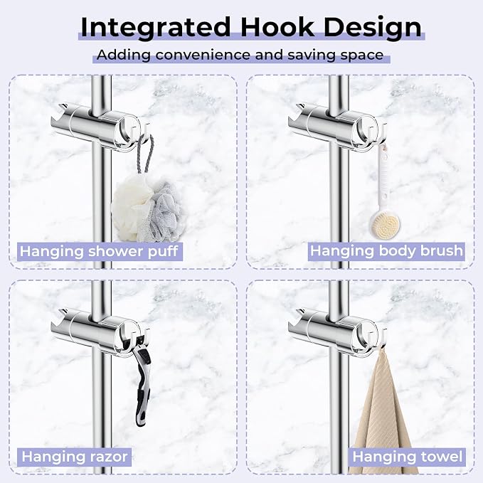 Adjustable Shower Head Holder with 2 Hooks, Universal Shower Holder Bracket for 16-27mm Slide Rod, Chrome Plated Shower Slider Rail Clamp Shower Holder Replacement, Easy Installation