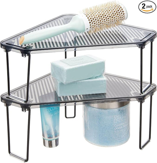 mDesign Plastic/Steel Corner Stackable Rack, Storage Organizer Shelf for Bathroom, Vanity, Countertop, Sink, Cabinet, Holds Makeup, Shower Accessories, Ligne Collection - 2 Pack - Black/Smoke Gray