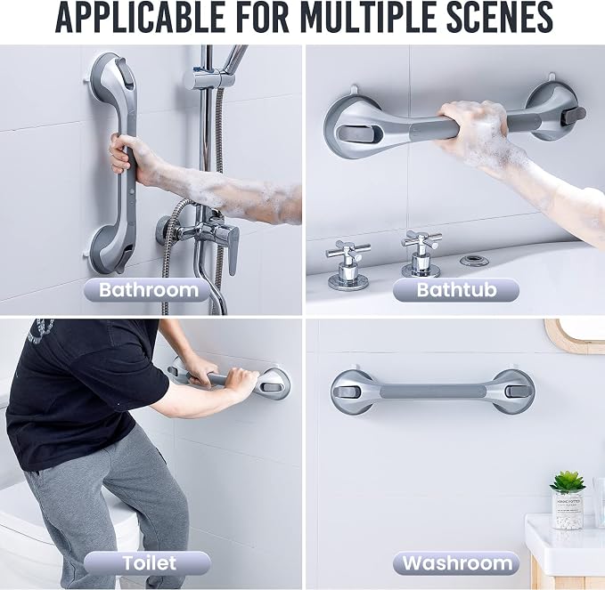 TAILI Shower Grab Bar 2 Pack 16 Inch Suction Grab Bars for Bathtubs & Showers, Heavy Duty Shower Handle Removable Shower Handrails for Elderly and Seniors, No Drilling Waterproof, Silver,G9