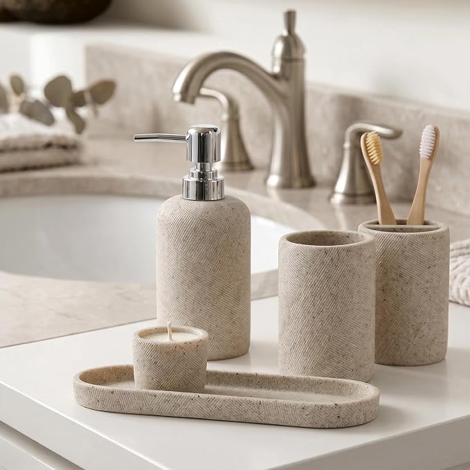 Bathroom Accessories Set,4 PCS Bathroom Organizer,Sand Stone Look,Beige | Simple, Modern Decor, Twill, With 10OZ Soap Dispenser and Toothbrush Holder, Tumbler, Vanity Tray for Bathroom Countertop