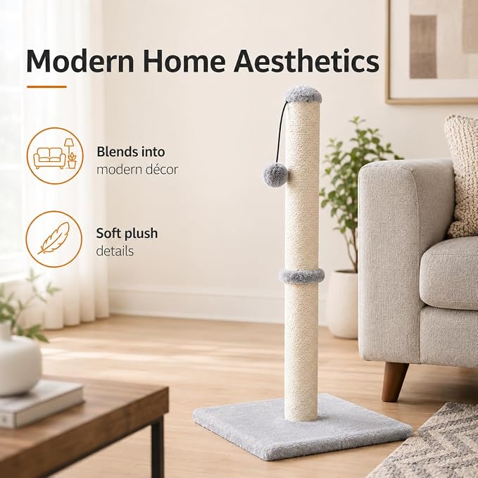 Dimaka 29" Height Tall Cat Scratching Post, Claw Scratcher with Sisal Rope and Covered with Soft Smooth Plush, Vertical Scratch [Full Strectch] for Standard Size Cats(Grey, 29 inches for All Cats)