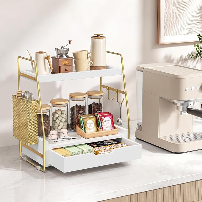 2-Tier Bathroom Counter Organizer with Drawer and Basket, Wood Vanity Countertop Storage for Perfume, Makeup, Skincare, Bathroom Counter Shelf, 13" x 7.9" x 14.5", White Gold