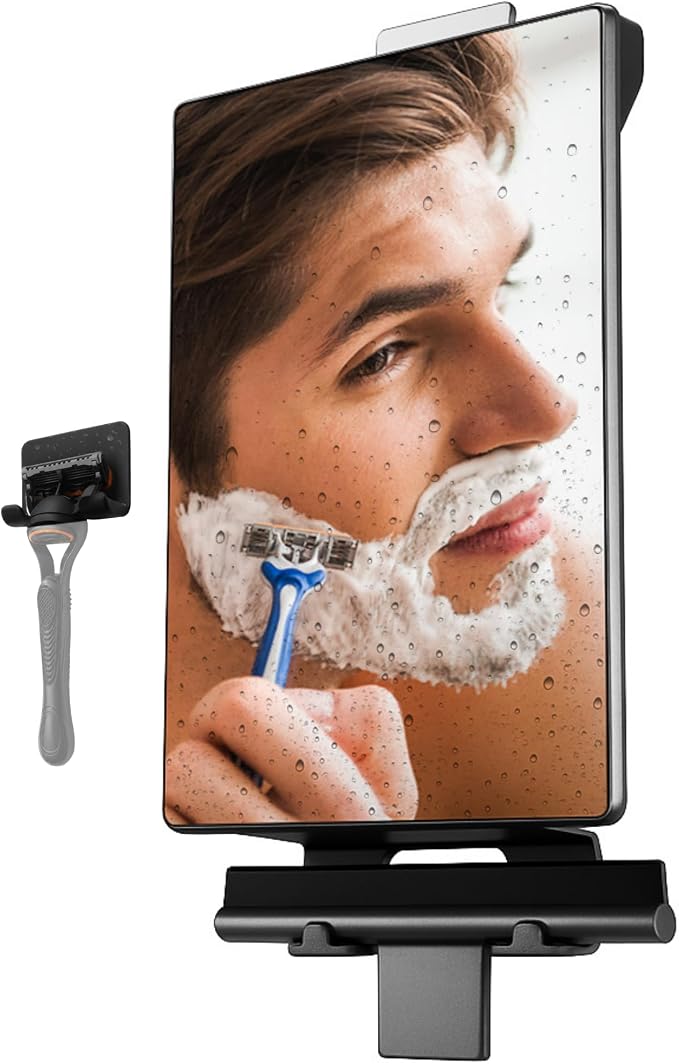 HONEYBULL Fogless Shower Mirror for Shaving with Water Tank, Adhesive Mount | Built in Water Reservoir for Natural Fog Free Effect, Easy Installation, Bonus Squeegee, Razor Holder, 5.5" x 8" Mirror