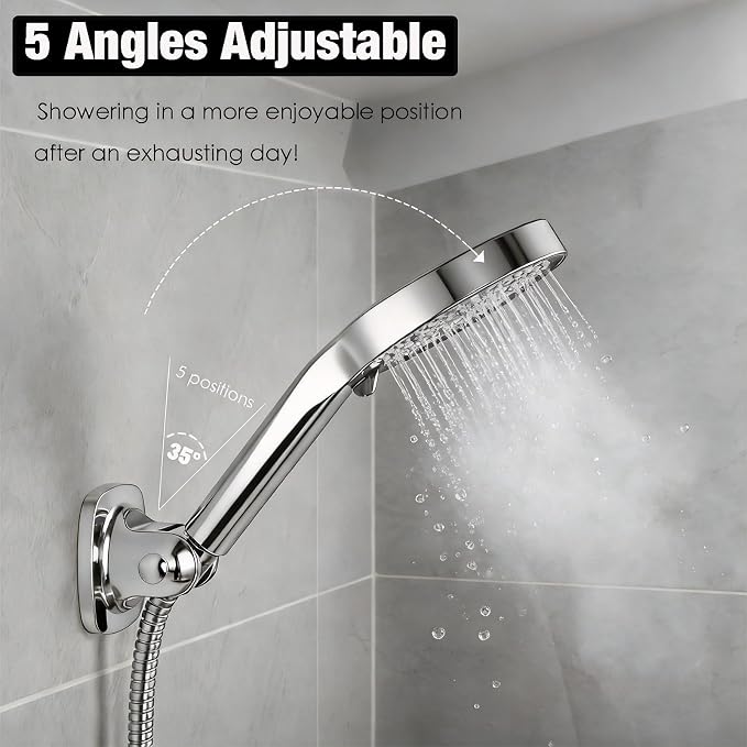 Wall Mount Handheld Shower Head Holder - 5 Angles Adjustable - Concealed Adhesive Mount - Screw Alternative - Bathroom Shower hose Holder (Polished Chrome)
