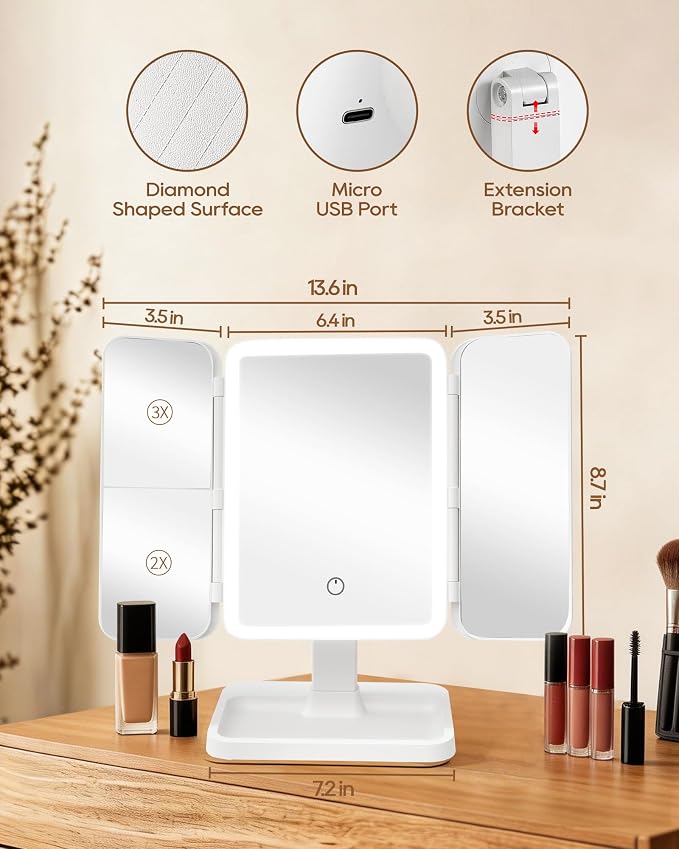 BWLLNI Trifold Vanity Mirror with Lights, Diamond Lattice Makeup Mirror | 2X/3X Magnification, 3 Colors Dimmable, 270° Rotation, Height Adjustable Stand with Storage Base