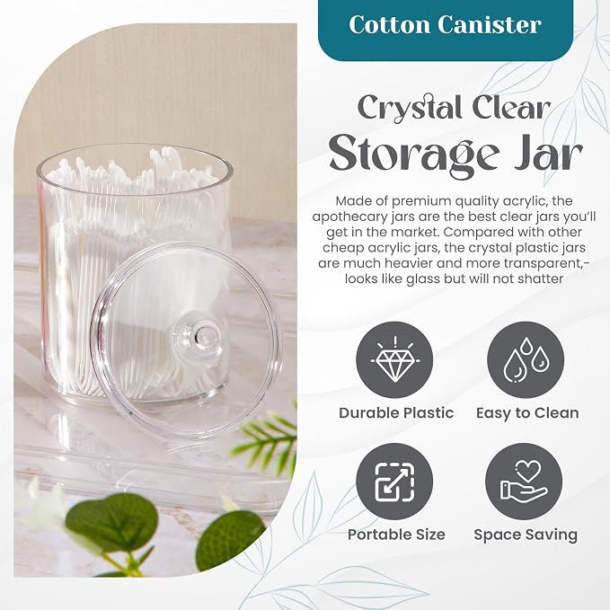 Qtip Holder Set, 4 Pack Clear Plastic Apothecary Jars with Lids — Cotton Swabs Holder, Cotton Balls Storage, Bathroom Canisters & Vanity Organizer for Q-Tips, Floss Picks